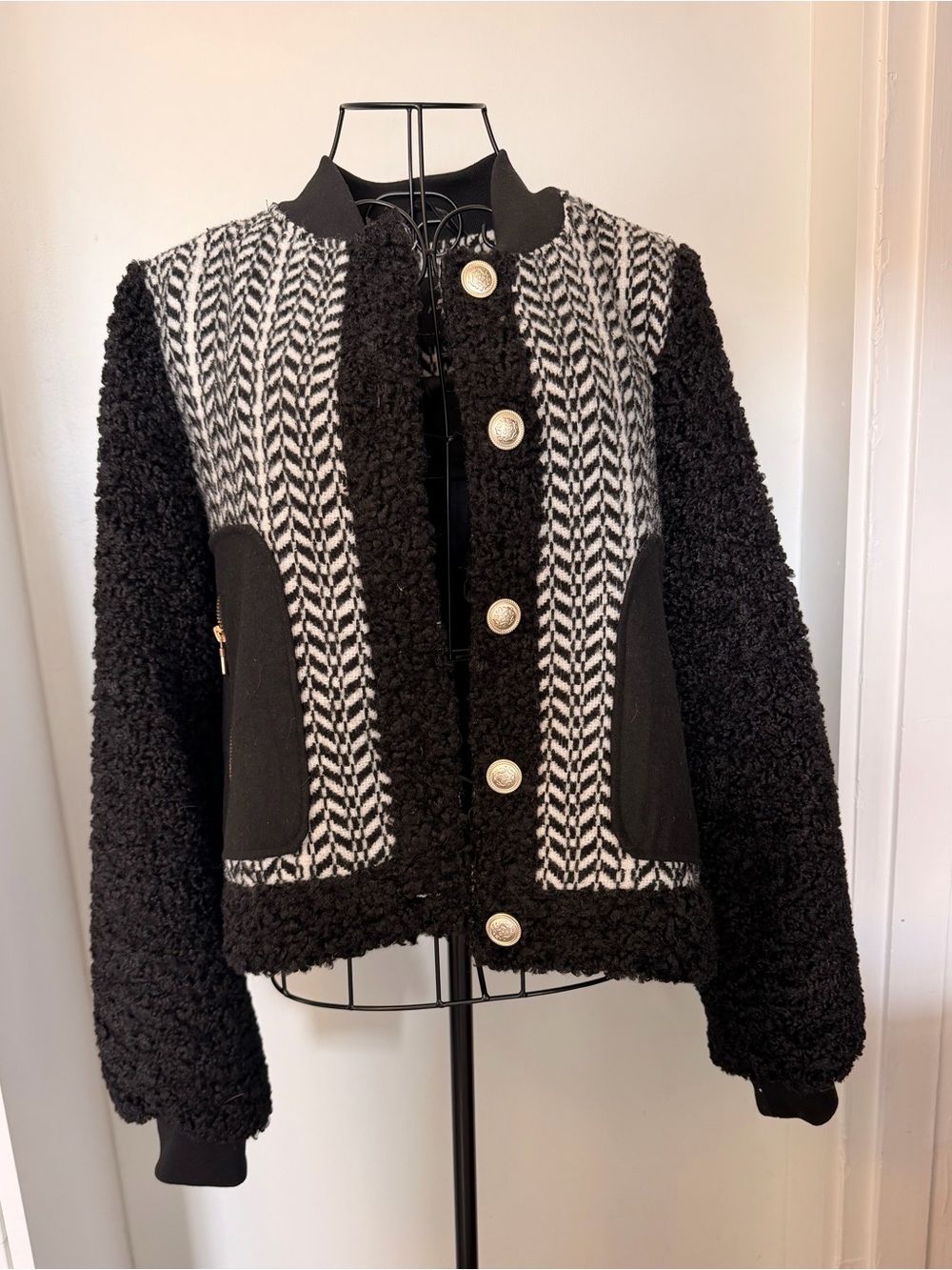 7 For All Mankind Black & White Tweed and Sherpa Bomber Jacket